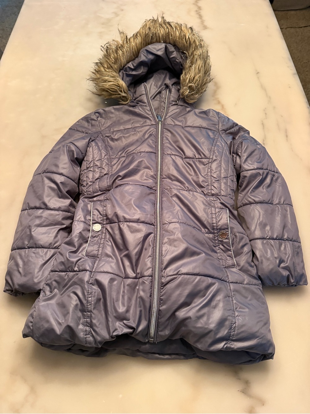 Michael Kors Girls' Lavender Hooded Puffer Coat with Faux Fur Trim